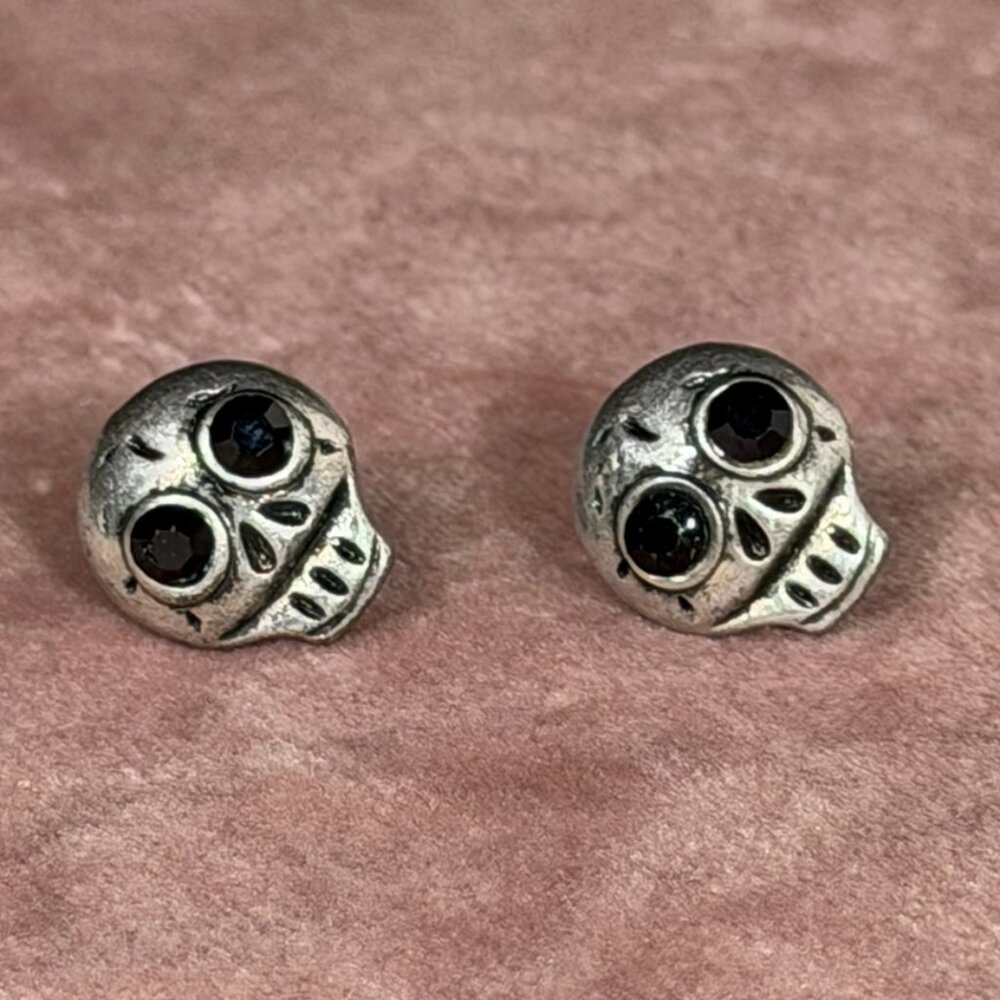 🌸 3 for $15 Earring Bundle –Gothic Silver Skull Stud Earrings with Black Stones